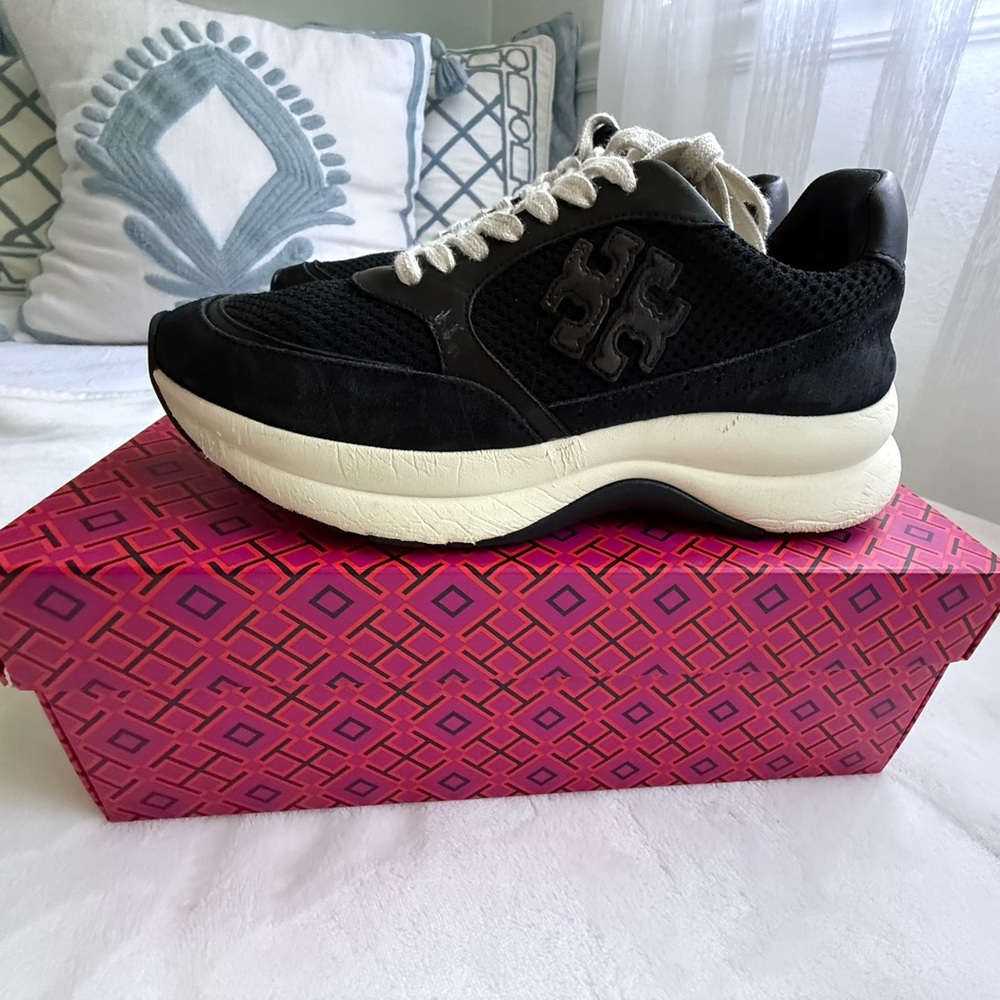 Tory Burch Black and Cream Platform Sneakers - Picture 2 of 12